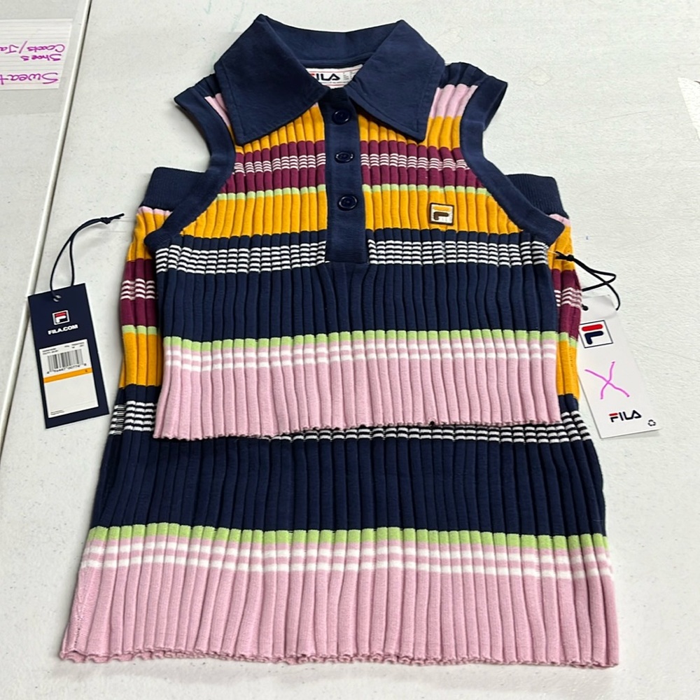 Fila Karina Skirt Set - Sleeveless Striped Knit Polo - NWT S